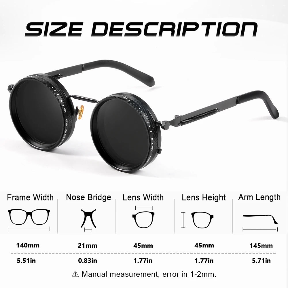 Veltora CRIXALIS polarized round sunglasses with adjustable dimming, UV400 outdoor shades for men and women, retro punk style for fishing.