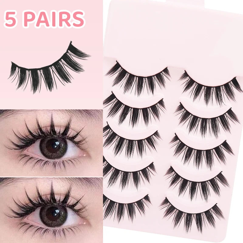 Veltora DINGSEN 5 pairs manga-style false eyelashes with soft, natural long wispy strip lashes for anime-inspired eye makeup.
