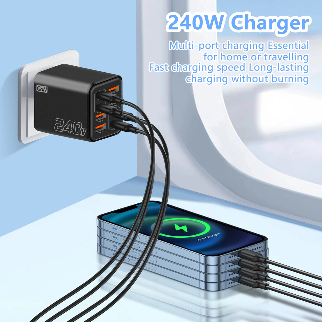 Veltora 240W GaN USB C fast charger with 8-in-1 ports for iPhone, Samsung, Xiaomi, EU/US plug wall charger