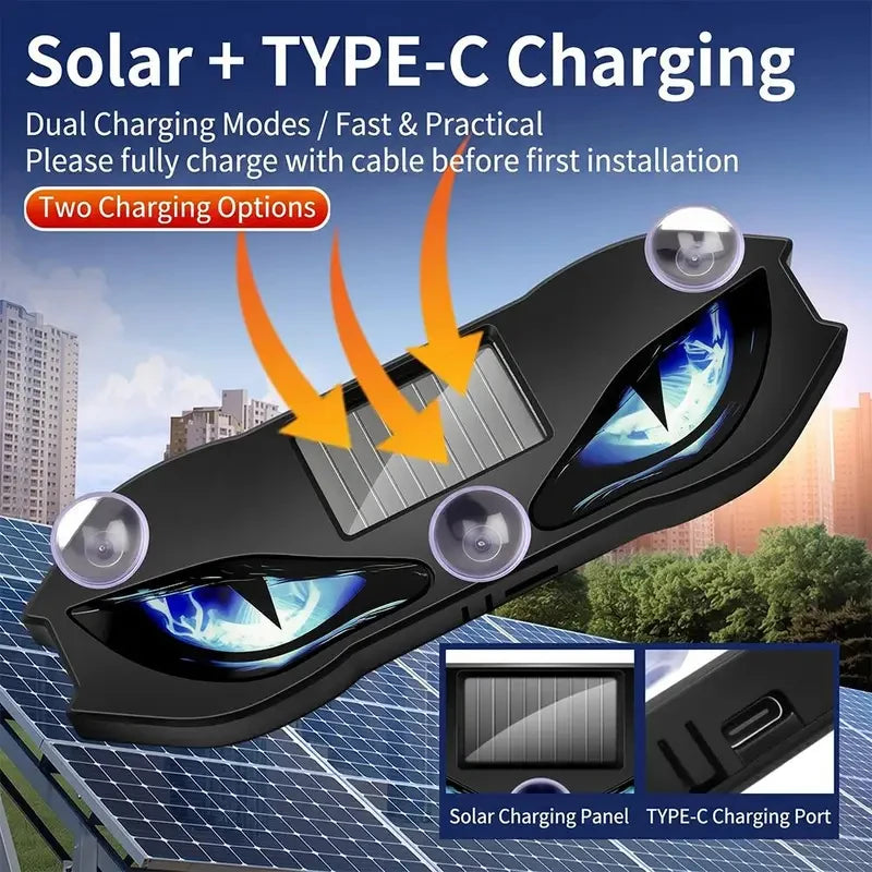 Veltora solar-powered LED neon car light featuring demon eye design, wireless, rechargeable atmosphere breathing lamp with suction cup