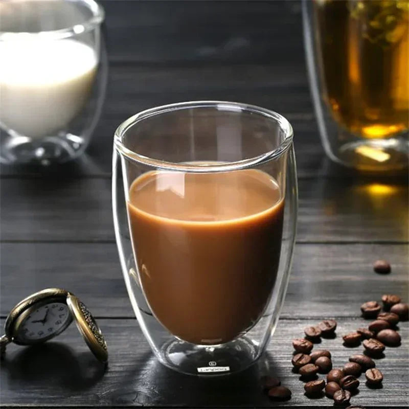 Veltora double wall insulated clear glass cup set with five sizes for espresso, coffee, tea, or whiskey drinkware, handmade and stylish.