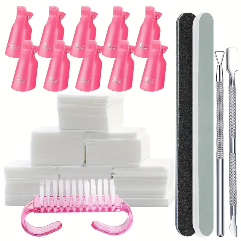 Veltora nail soak off clip set with cotton pads, file, pusher, and brush for UV gel polish removal manicure tools