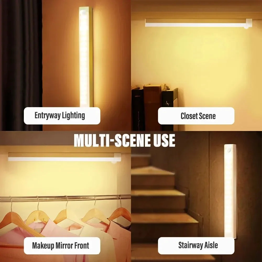 Veltora wireless LED motion sensor night light with Type C rechargeable backlight for cabinets, wardrobes, stairs, and kitchens.