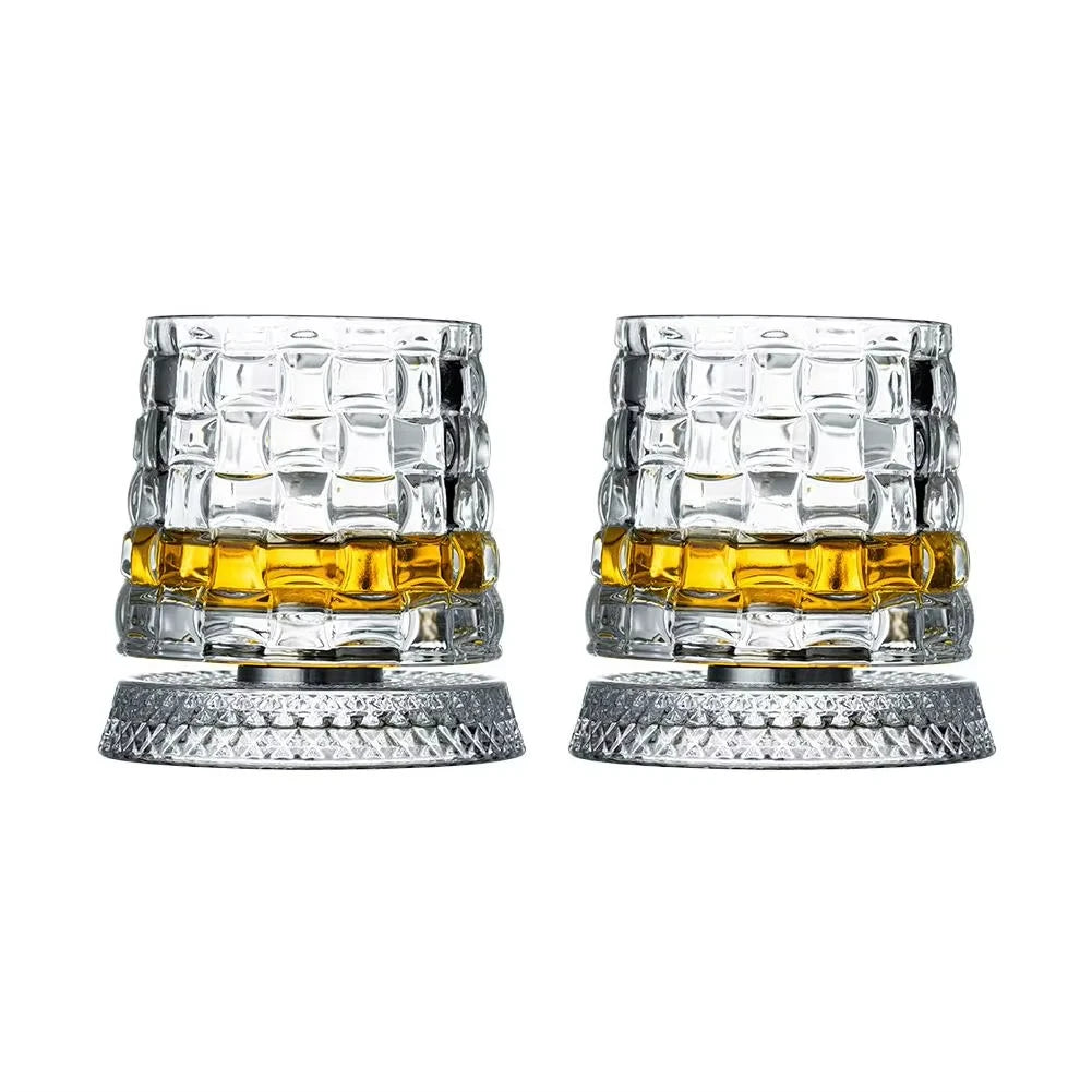 Veltora 2-pack whiskey glasses with rotating glass bases, crystal rum glasses for cocktails and party drinking, 360-degree rotation.