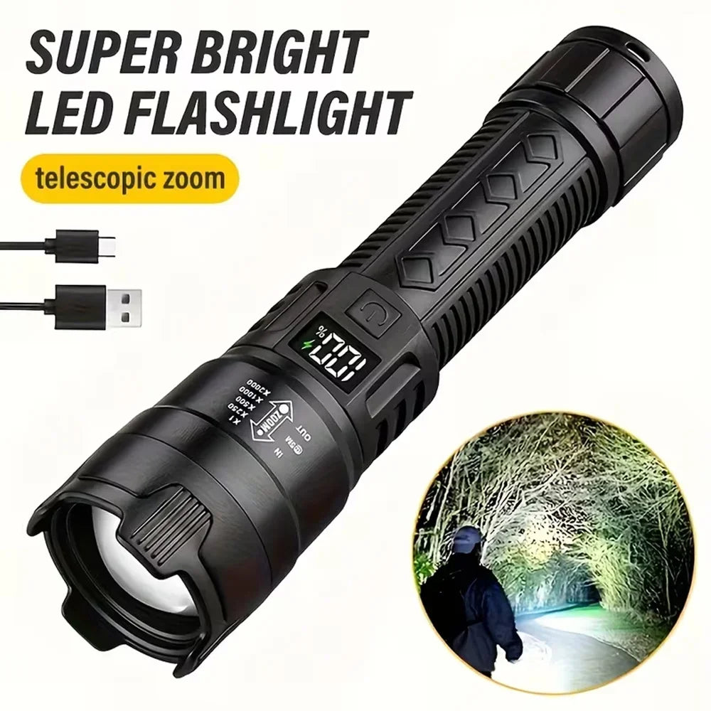 Veltora 2000LM P50 LED tactical flashlight with telescopic zoom, handheld torch, emergency spotlight, and 14500/18650 battery