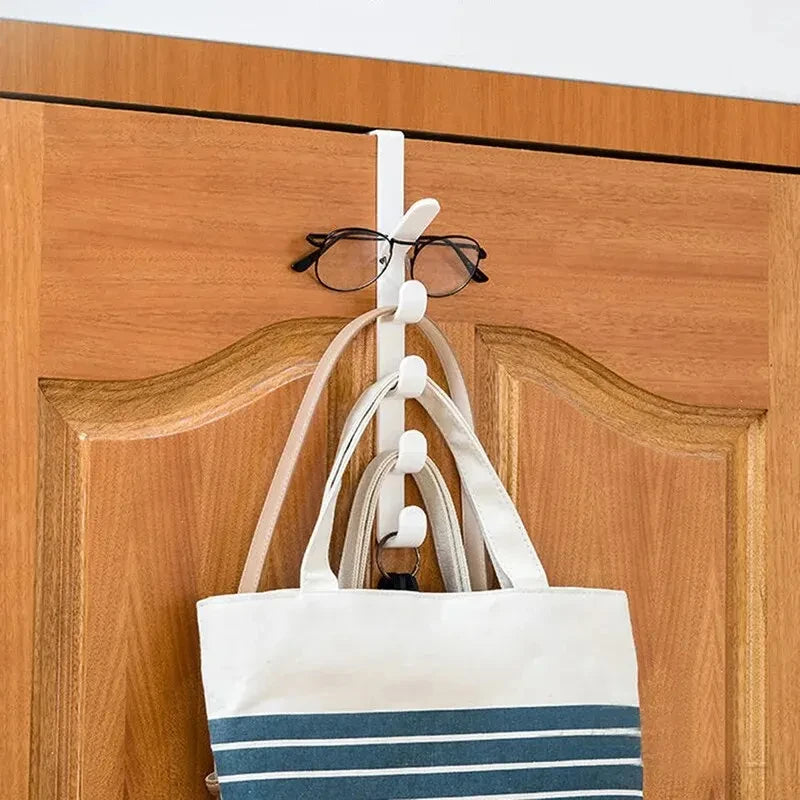 Veltora bedroom door hanger clothes rack with hooks for bags, purses, and home storage organization over the door plastic hanger.
