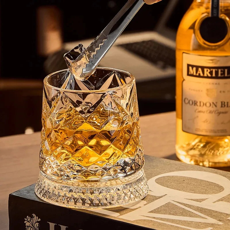 Veltora rotating whisky glasses with glass base, 360-degree crystal rum glass for cocktails and party drinking