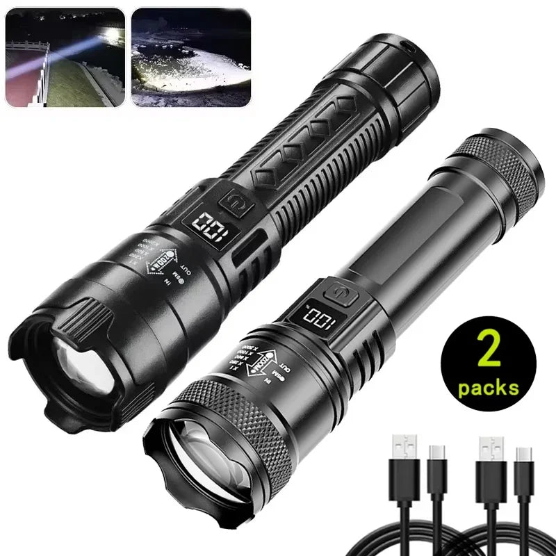 Veltora 2000LM P50 LED tactical flashlight with telescopic zoom, handheld torch, emergency spotlight, and 14500/18650 battery.
