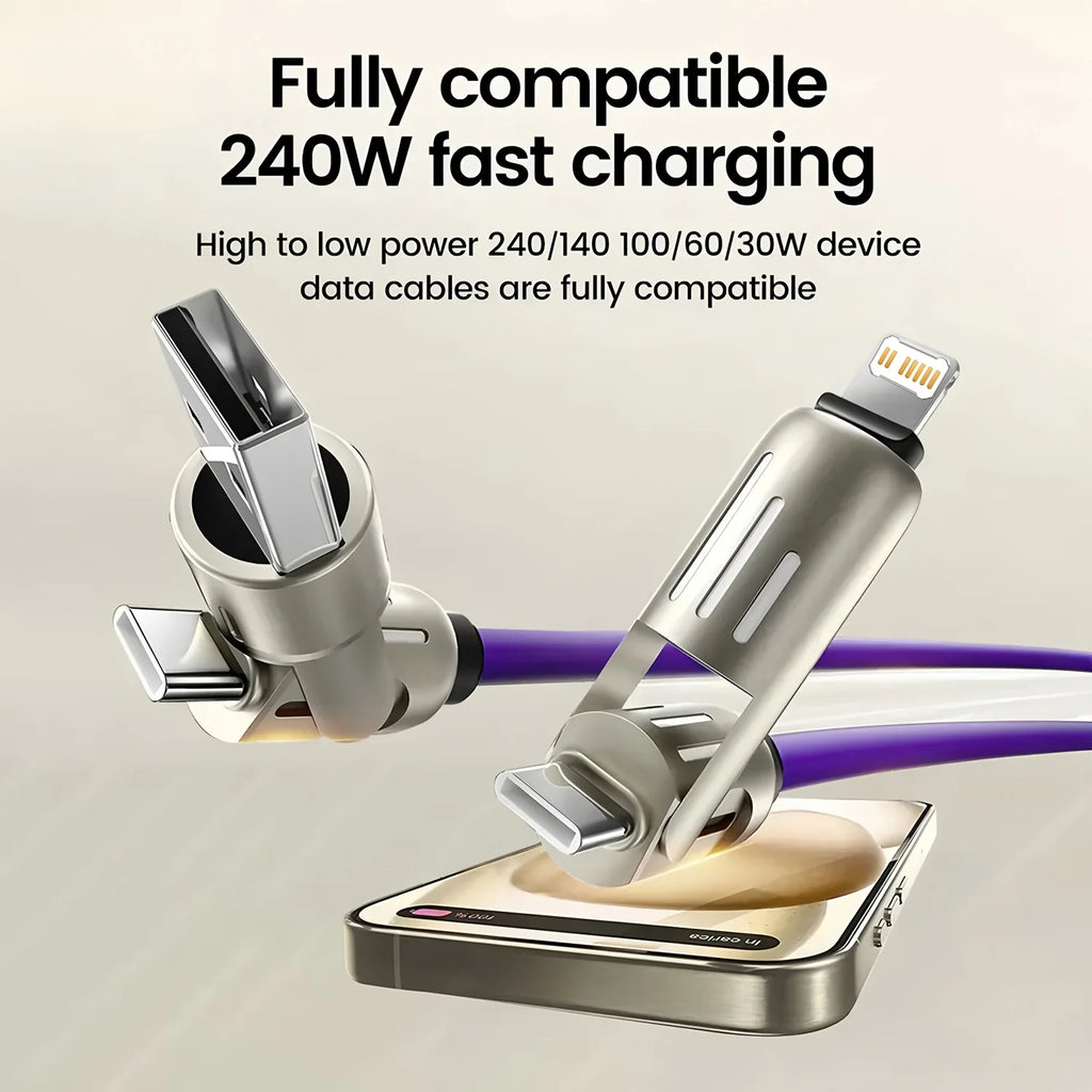 Veltora 4-in-1 240W USB Type C silicone fast charging cable for iPhone, Huawei, Samsung, Xiaomi with durable Type-C to USB A connection.