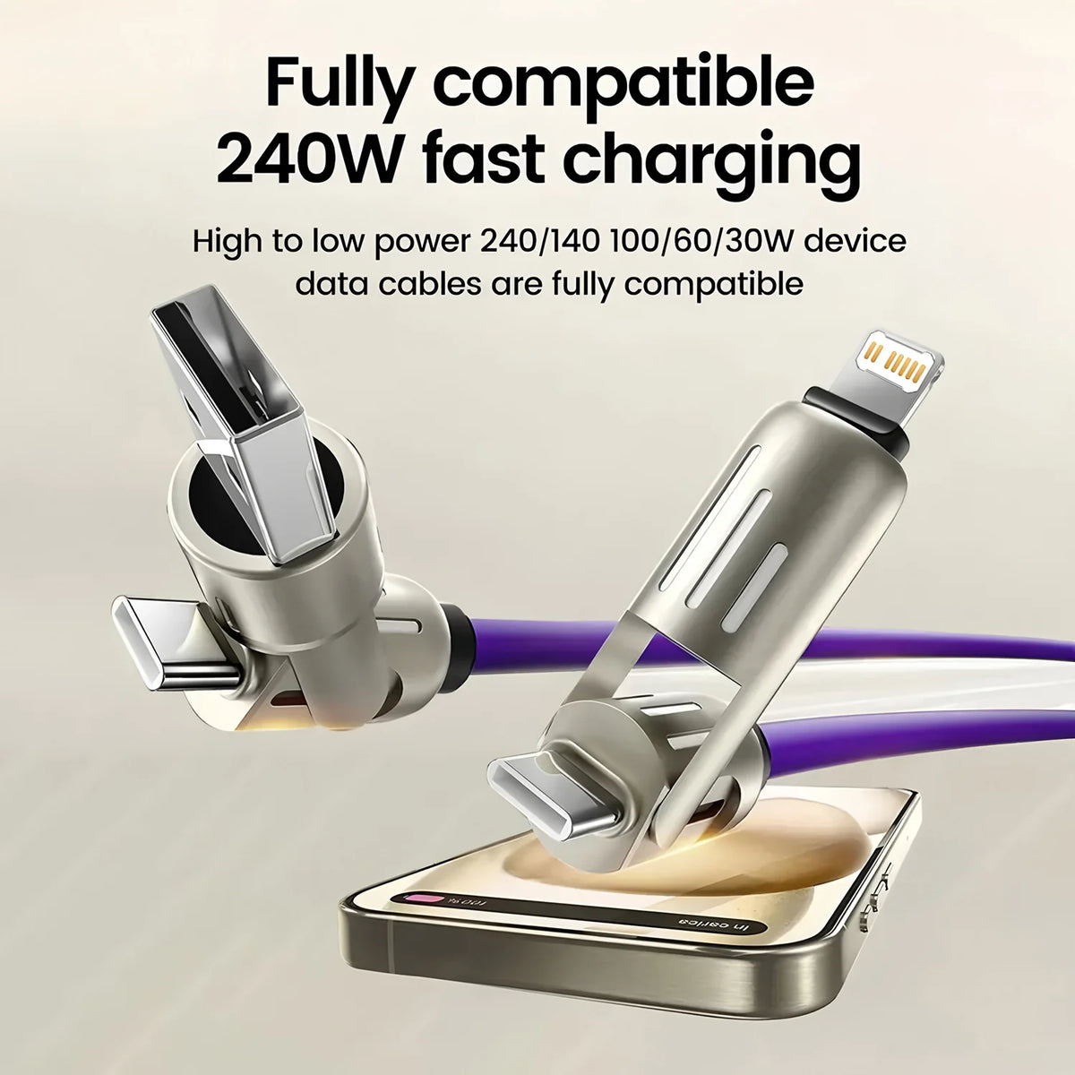 Veltora 4-in-1 240W USB Type C silicone fast charging cable for iPhone, Huawei, Samsung, Xiaomi with durable Type-C to USB A connection.