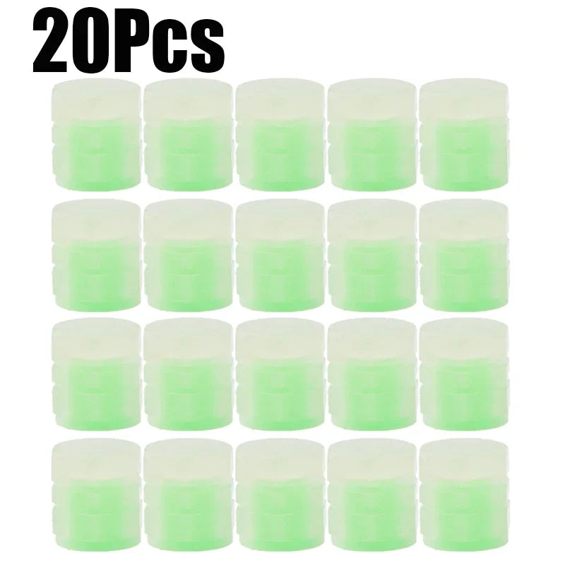 Veltora luminous fluorescent night tire valve caps glowing in blue on car and motorcycle wheels, decorative wheel nozzles, bike accessories