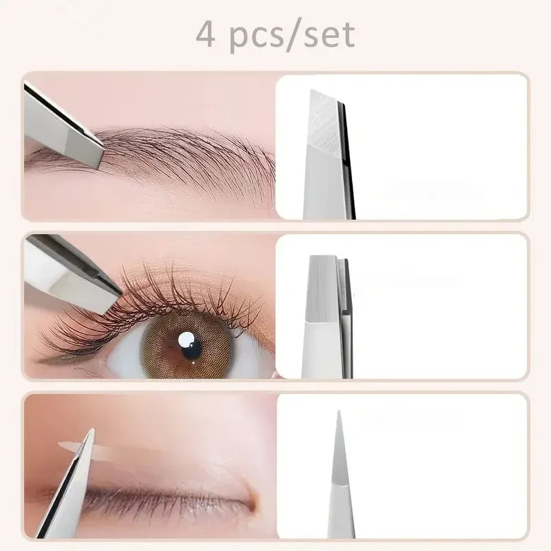 Veltora Ouriner 4-piece stainless steel eyebrow tweezers set with precision tips for facial hair and ingrown hair removal.