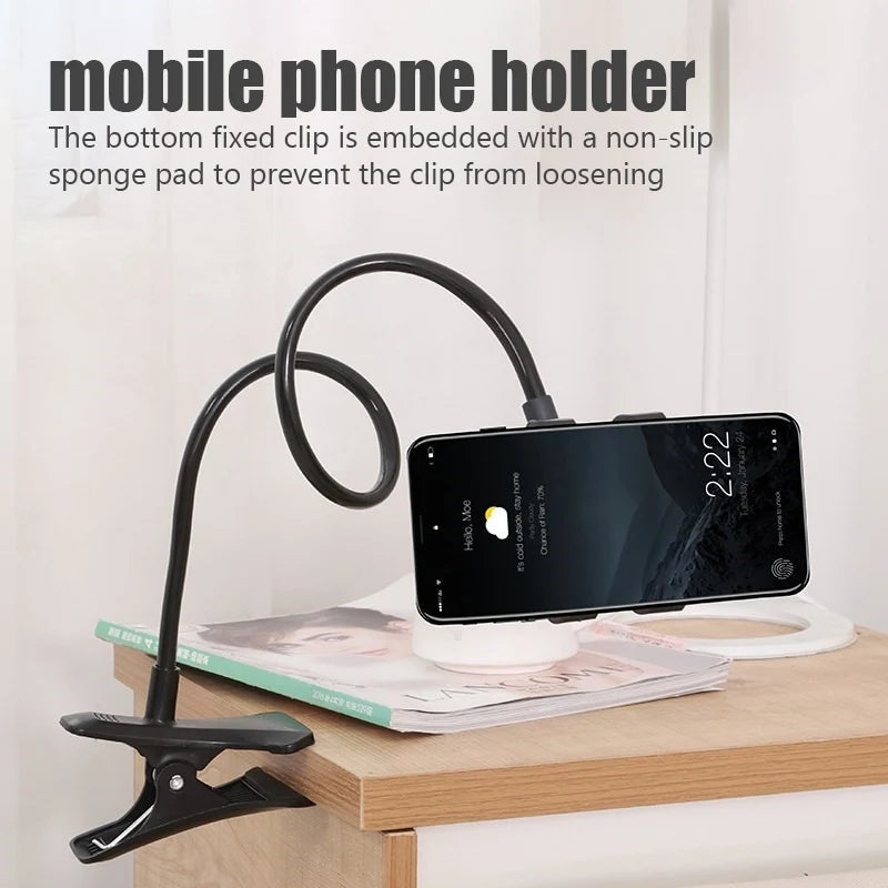 Veltora universal mobile phone holder with flexible adjustable clip and desktop mount for hands-free smartphone use.