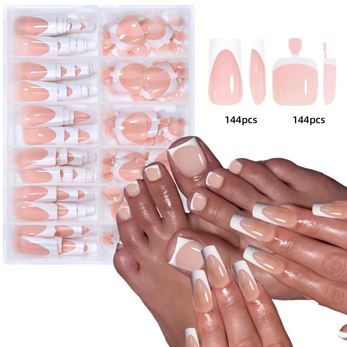 Veltora 144pcs French hand and foot nail set with shiny short square acrylic false toenails for professional salon use