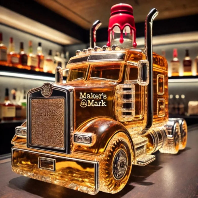 Veltora semi truck-shaped glass whiskey decanter with intricate details, ideal for bourbon lovers and truck enthusiast gifts