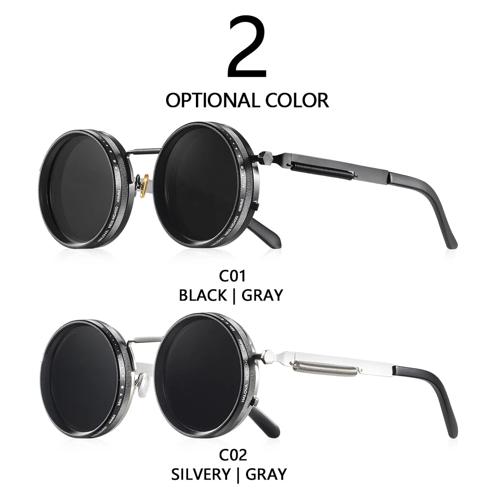 Veltora CRIXALIS polarized round sunglasses with adjustable dimming, UV400 outdoor shades for men and women, retro punk style.