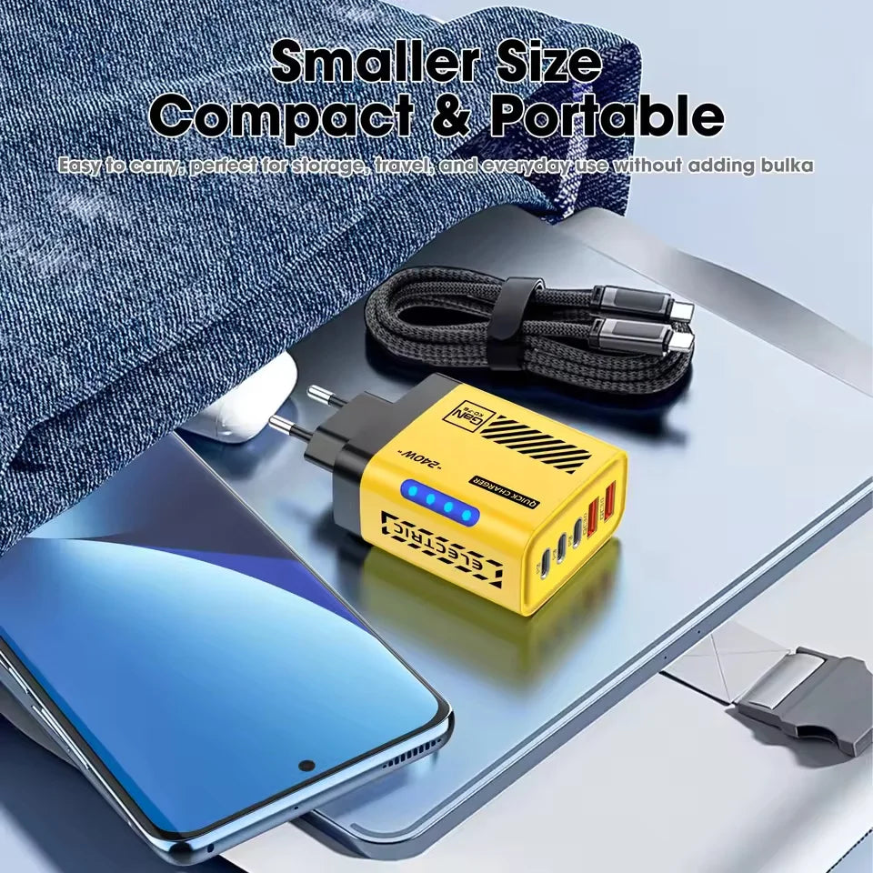 Veltora 5-in-1 GaN desktop charger with USB-C and USB ports, fast charging adapter for iPhone 16/17, Samsung, and laptops.
