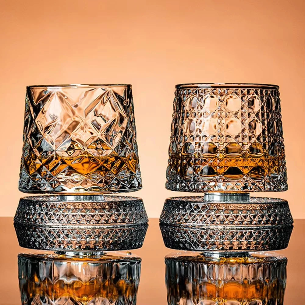 Veltora 2PCS whiskey glasses with rotating glass bases, crystal rum glasses for cocktails and party drinking, 360-degree rotation.