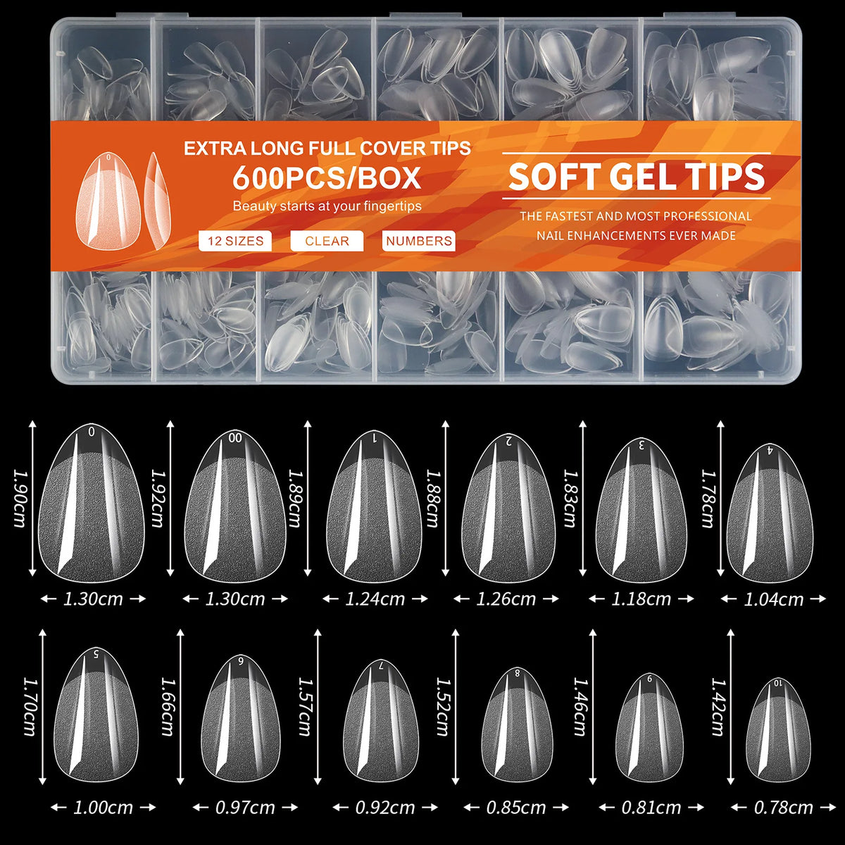 Veltora short almond gel nail tips in various sizes, full cover false nails for acrylic and press-on nails, salon and home use