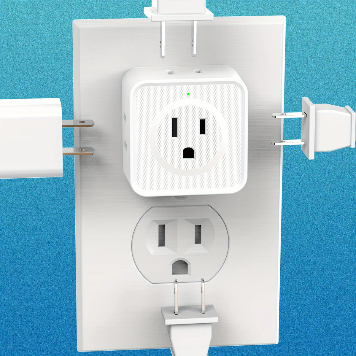 Veltora 5-way multi plug outlet extender showing compact wall outlet splitter with five sockets for travel, home, office, or dorm use.