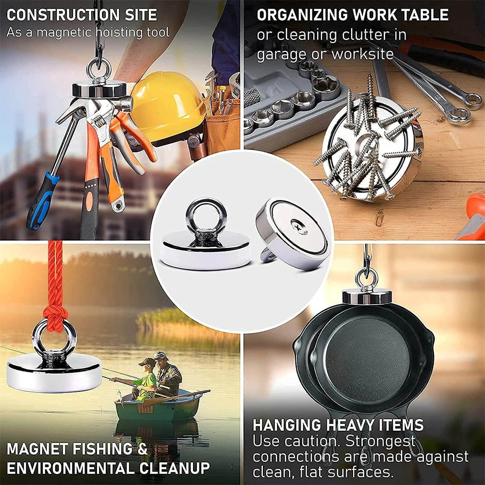 Veltora Neodymium fishing hook D16-D42mm with countersunk hole, heavy-duty N52 rare earth magnet, used for salvage and magnetic applications.