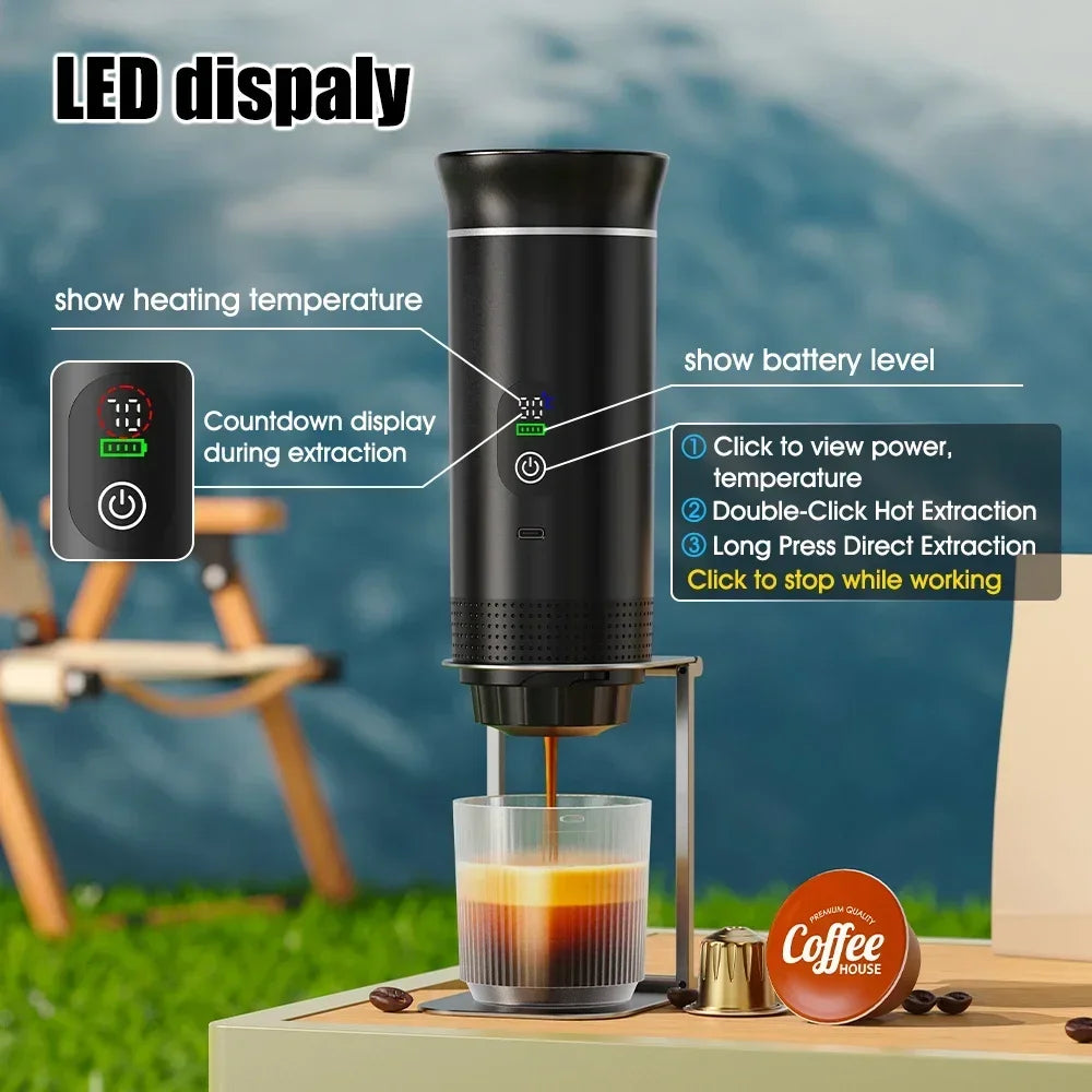 Veltora DENOKIN portable espresso coffee machine with digital display, 3-in-1 capsule coffee maker for car, home, and camping use