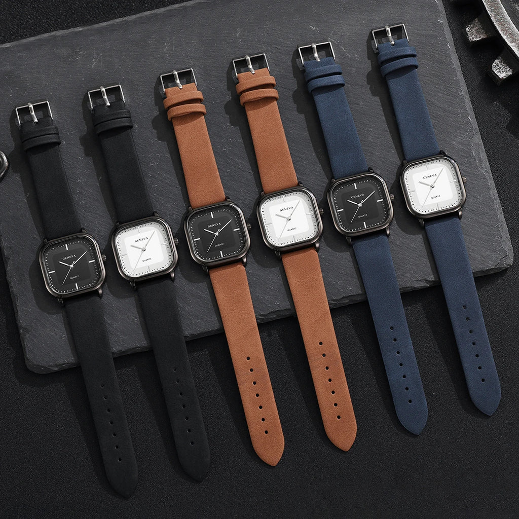 Veltora men's minimalist square dial quartz wristwatch with casual leather strap, showing a sleek black face and modern design.
