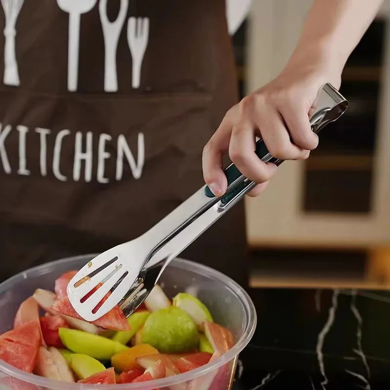 Veltora stainless steel food tongs with non-slip grip, ideal for meat, salads, bread, barbecue, and kitchen cooking tasks.