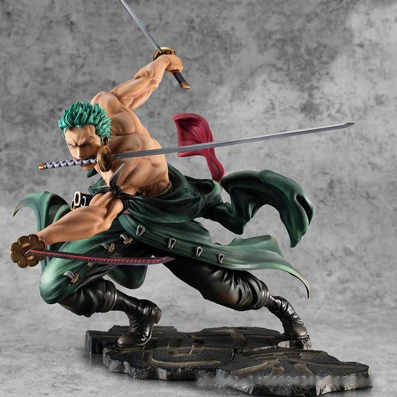 Veltora One Piece Roronoa Zoro 10cm PVC action figure with three blades, anime collectible toy, detailed model for fans and kids