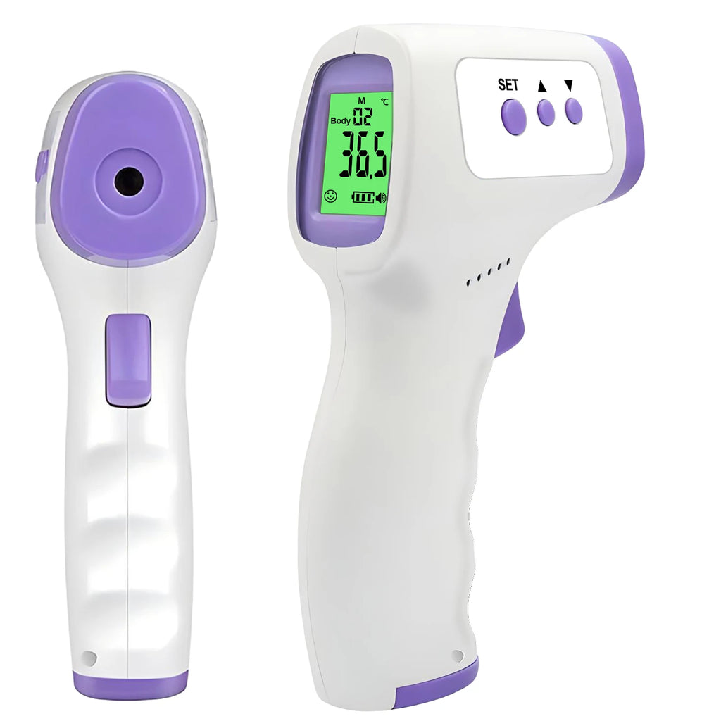Veltora digital infrared forehead thermometer and portable pulse oximeter showing display screens for body temperature and blood oxygen levels