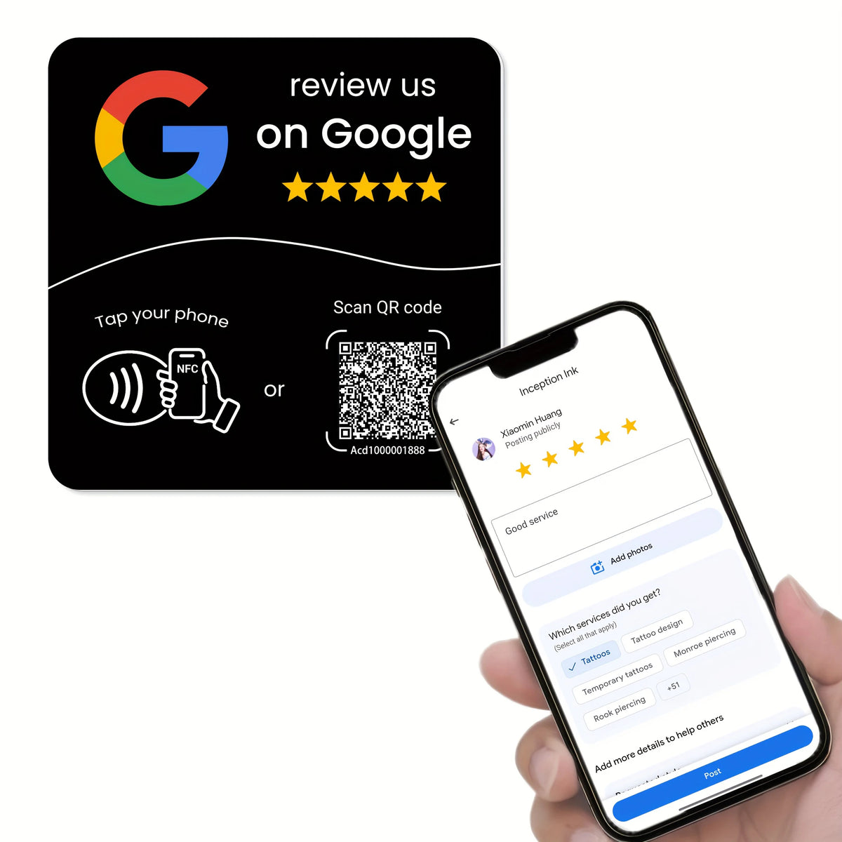 Veltora Hilo Programmable NFC 215 Square station card with QR code for Google reviews, 13.56MHz editable standing NFC card