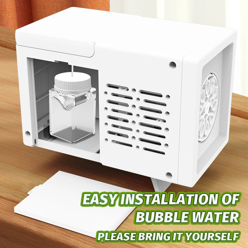 Veltora 10-hole fully automatic handheld bubble machine toy outdoors, showing bubble streams without batteries or water.