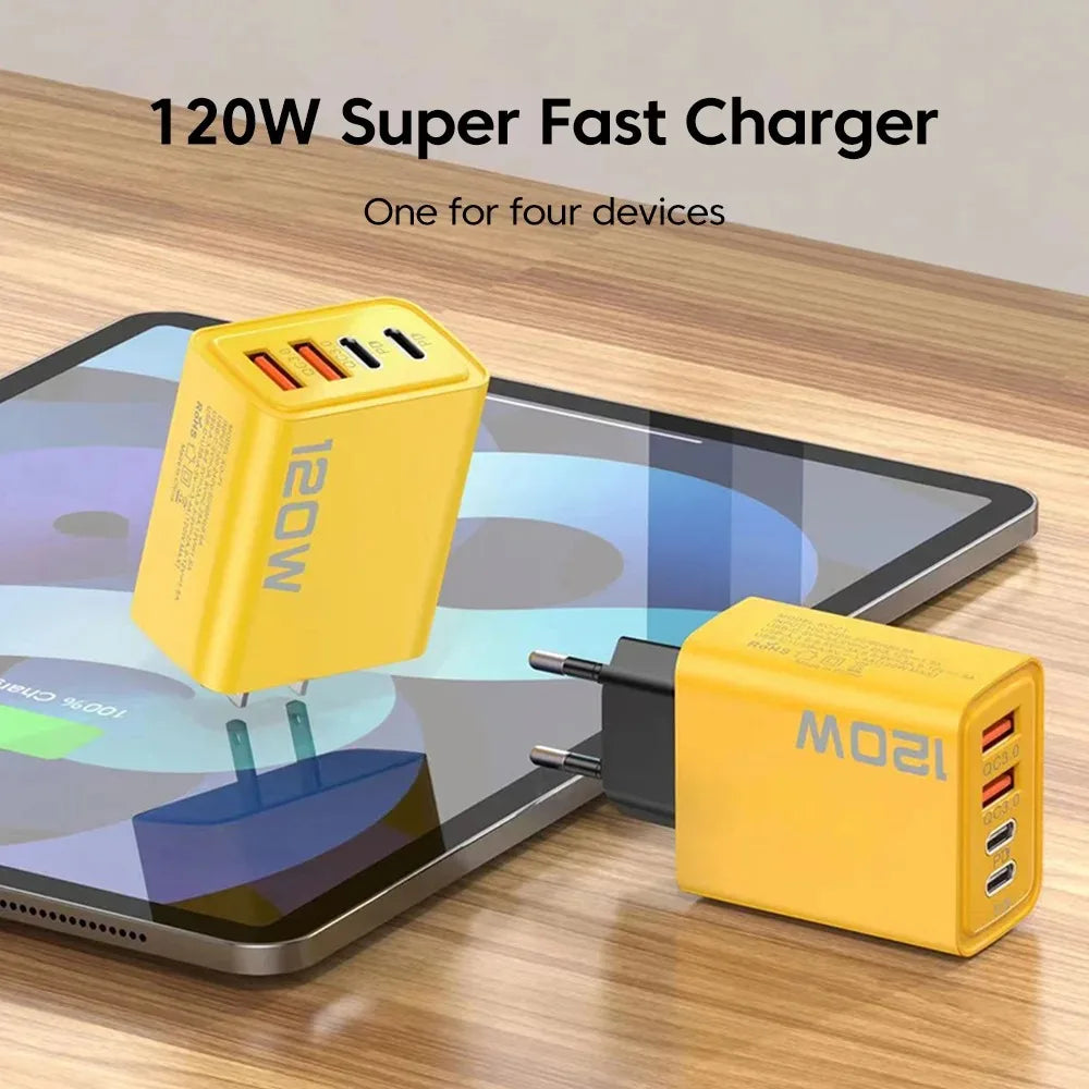 Veltora 120W USB Type C charger with four ports, fast charging wall adapter for iPhone, Samsung, Xiaomi devices.