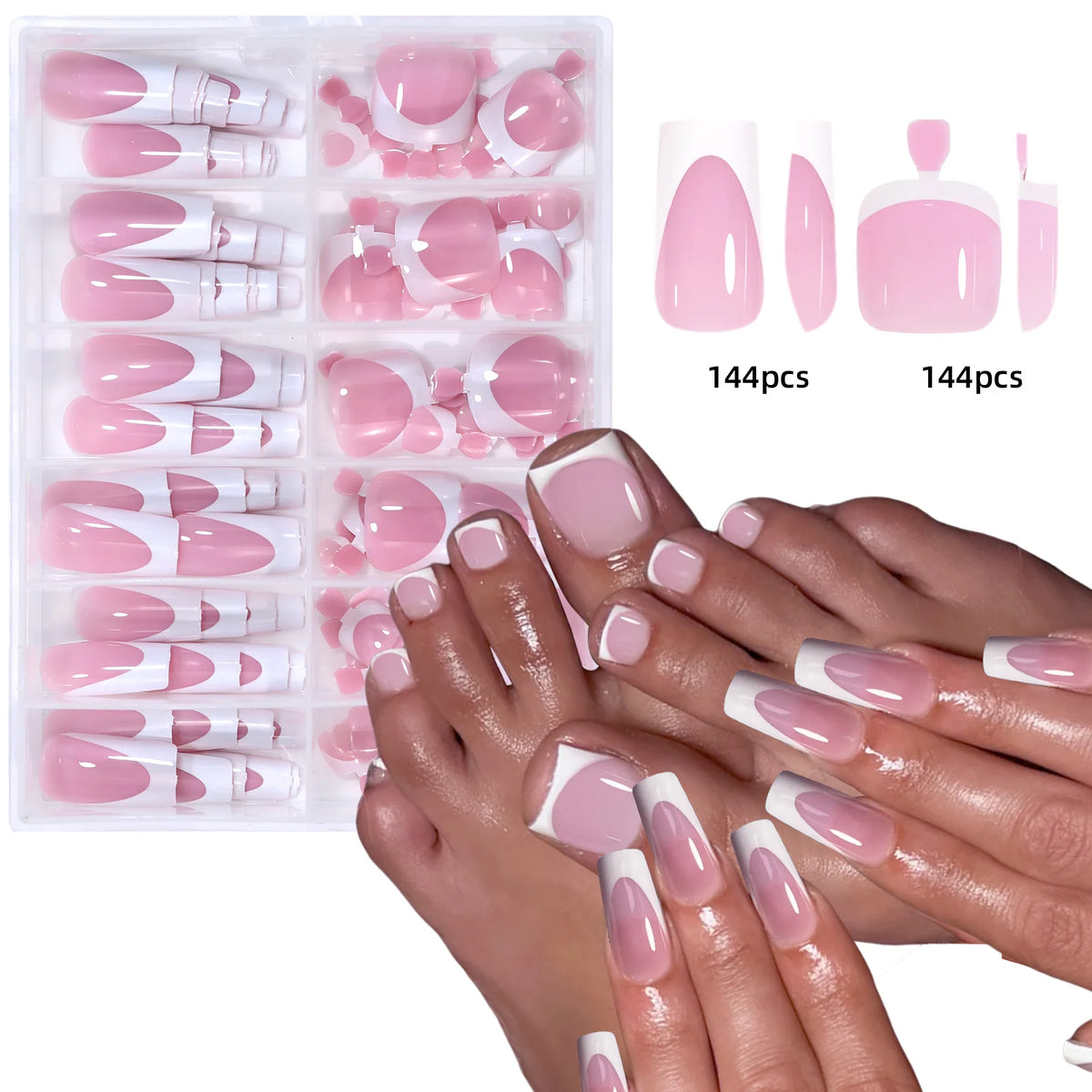 Veltora 144pcs French hand and foot nail set with shiny short square acrylic false toenails for salon use