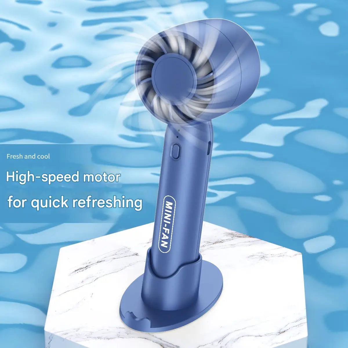 Veltora Turbo handheld small fan with USB charging, portable lightweight design, desktop stand, long-lasting battery, ideal for outdoor use.