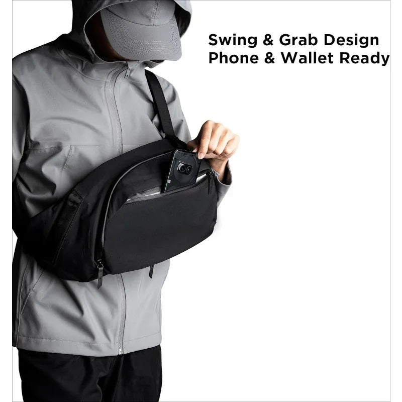 Veltora right shoulder chest bag with 7.5L capacity, crossbody design, fits an 11-inch tablet, includes water bottle pocket.