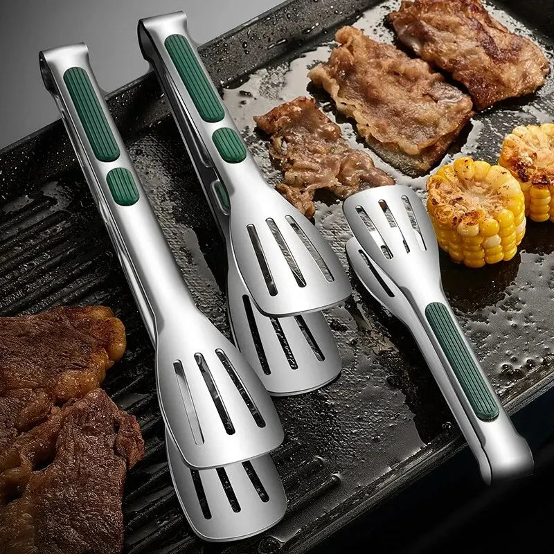 Veltora stainless steel non-slip food tongs for grilling, salad, meat, bread, and buffet serving, with ergonomic design.