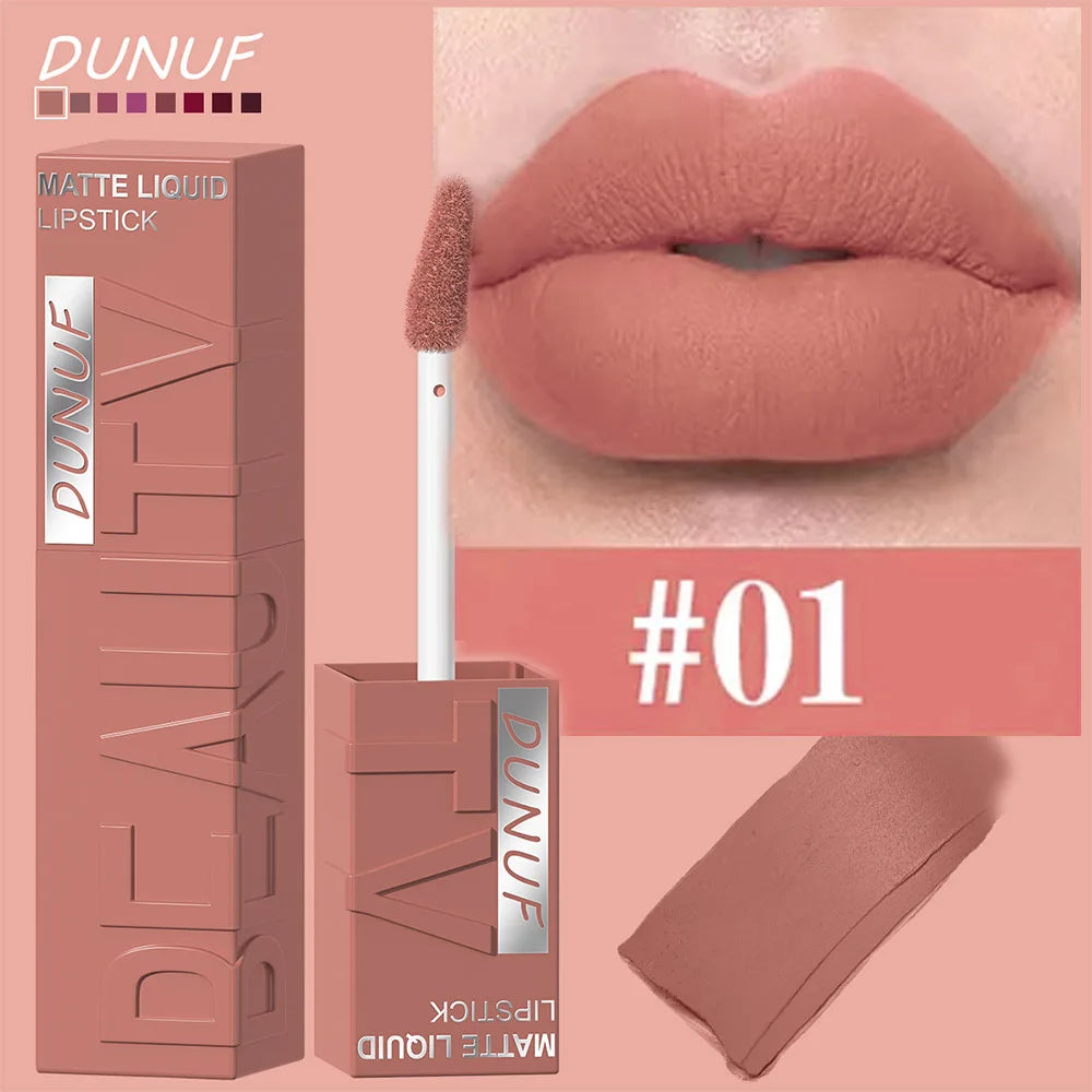Veltora DUNUF 8-color matte velvet lip gloss set with square tubes, waterproof, easy to apply, and three-dimensional plumping lipstick