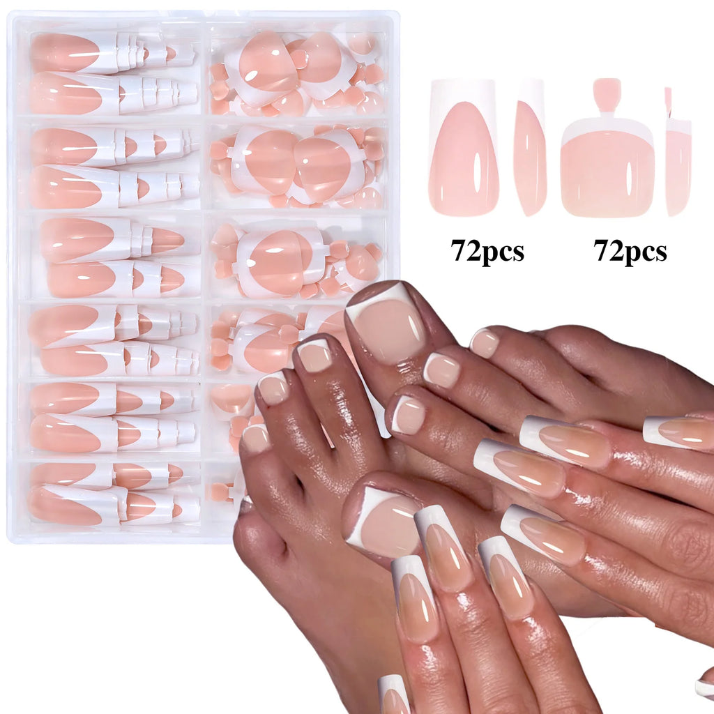 Veltora 144pcs French black pink short square press-on acrylic false nails with hand and foot wear, full cover nail art set.