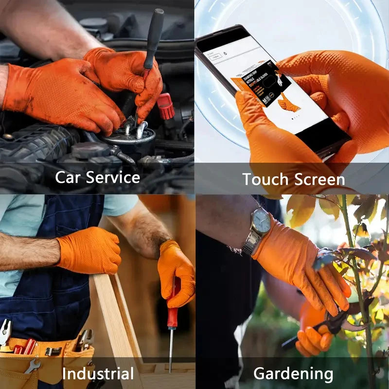 Orange Veltora heavy duty nitrile gloves with diamond textured grip, 8mil industrial disposable work gloves for mechanic safety.