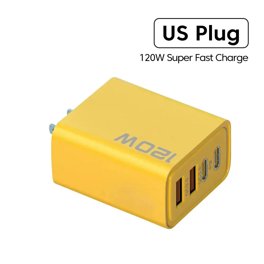 Veltora 120W USB Type C charger with four ports, fast charging for iPhone, Samsung, Xiaomi, and other devices, wall power adapter.