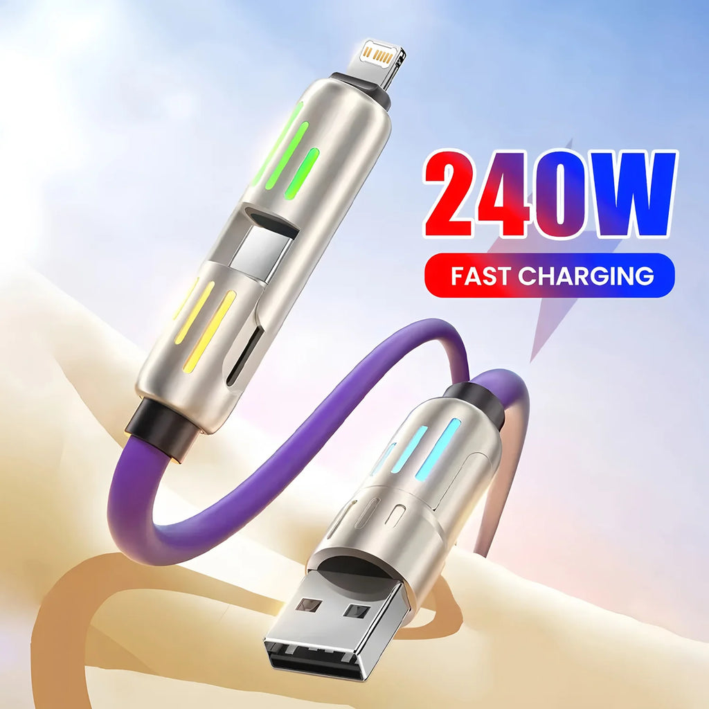 Veltora 4-in-1 240W USB Type C silicone fast charging cable for iPhone, Huawei, Samsung, Xiaomi, with durable Type-C to USB A connector.