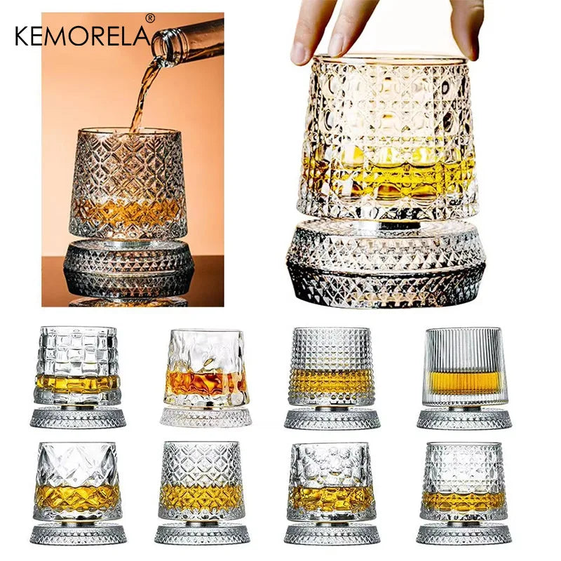 Veltora 2-pack whiskey glasses with rotating glass bases, crystal rum glasses for cocktails and party drinking.
