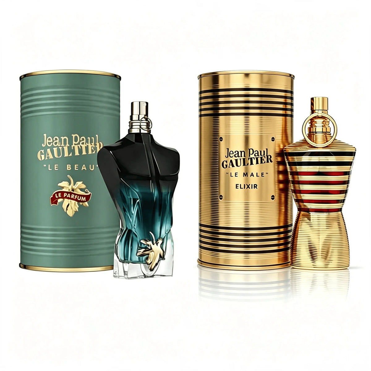 Jean Paul Gaultier Le Male Le Beau perfume collection for men in iconic torso-shaped bottle with cylindrical metal gift can.