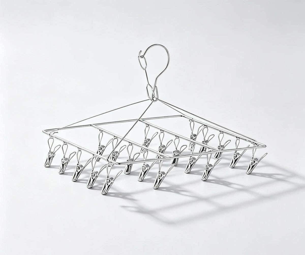 Veltora stainless steel square household clothes hanger with multiple hooks for drying socks in children's dormitory.