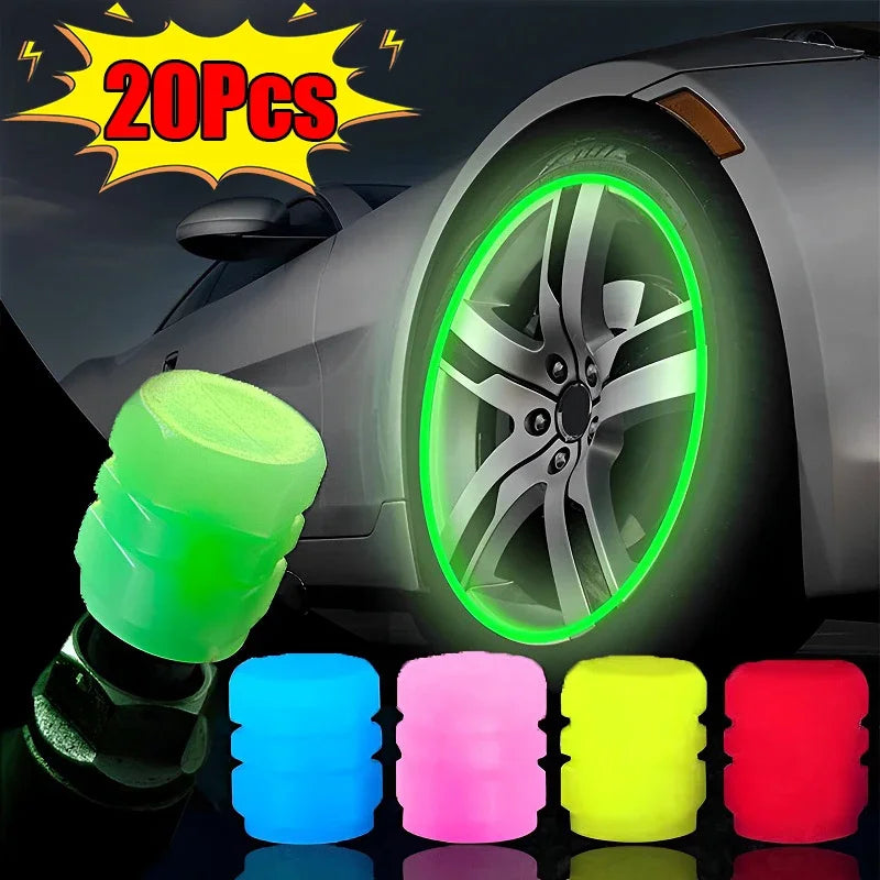Veltora luminous fluorescent night car tire valve caps glowing in green and yellow on motorcycle and bike wheels.