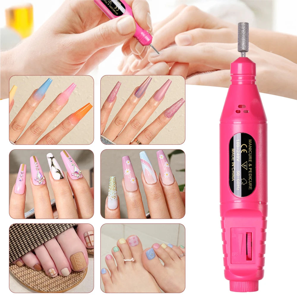 Veltora LINMANDA 6-in-1 electric nail drill kit with portable pen-style nail file and polishing tools for manicures.