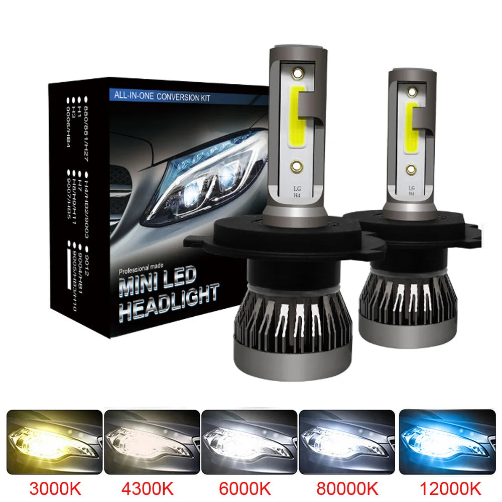 Veltora 2-piece LED car headlight bulbs set with H4, H7, H13, 9005, 9006, H11, H1, and other models, bright 20000LM turbo lamps.