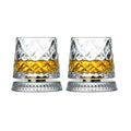 Veltora 2-pack whiskey glasses with rotating crystal bases, 360-degree spin, ideal for cocktails and party drinks.