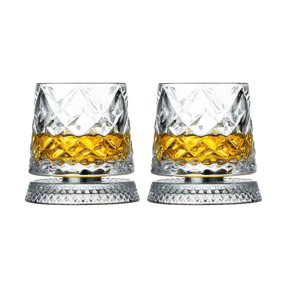 Veltora 2-pack whiskey glasses with rotating crystal bases, 360-degree spin, ideal for cocktails and party drinks.